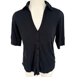 Three Dots Collared Jersey Button Short Sleeve Shirt Black Large Minimalist USA